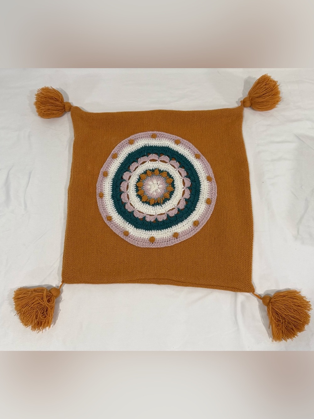 Vintage Crocheted Mandala Bohemian Tasseled Square Pillow Sham Cover, Ziptop
